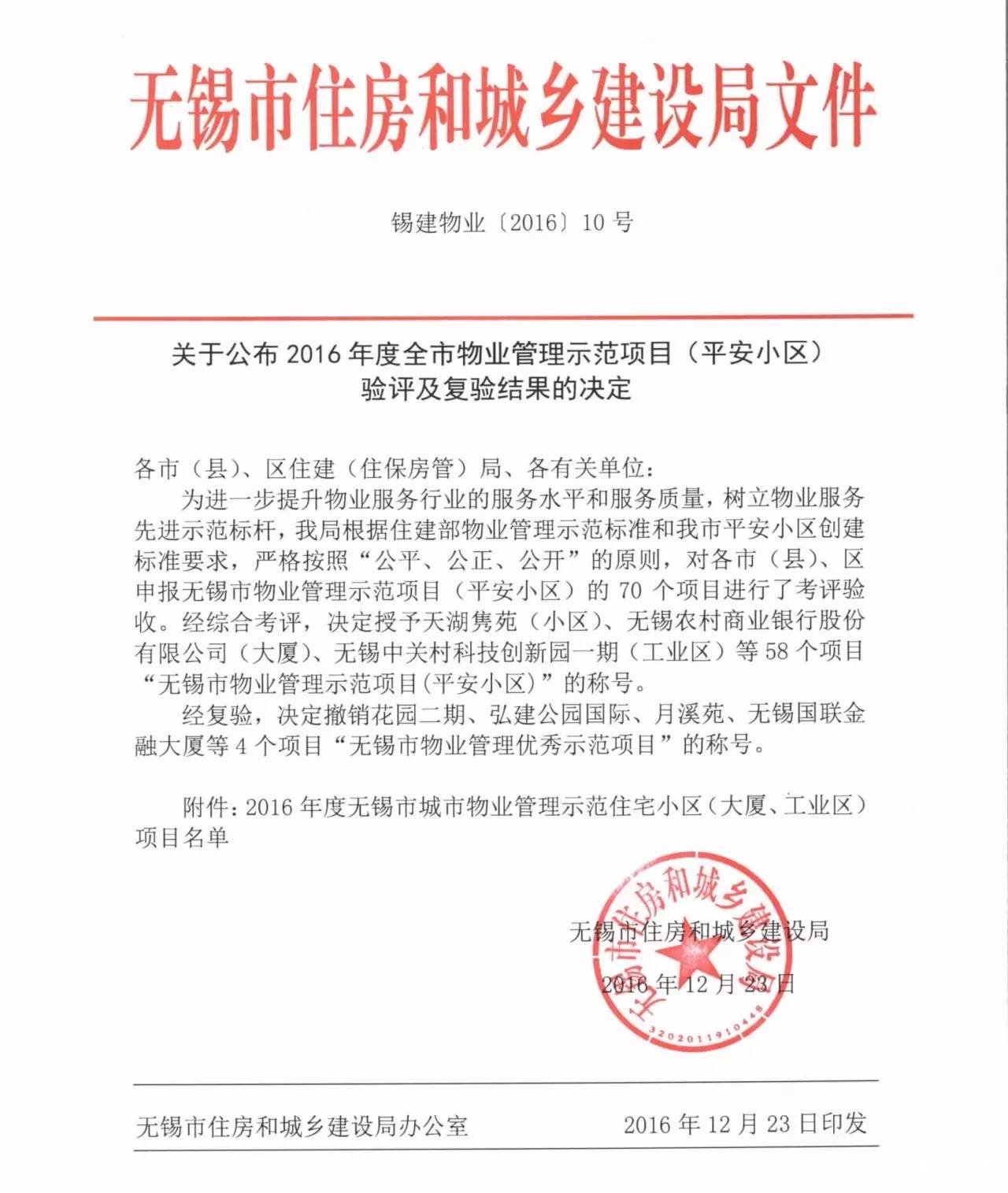 无锡中关村科技创新园被评为“无锡市物业管理示范项目”